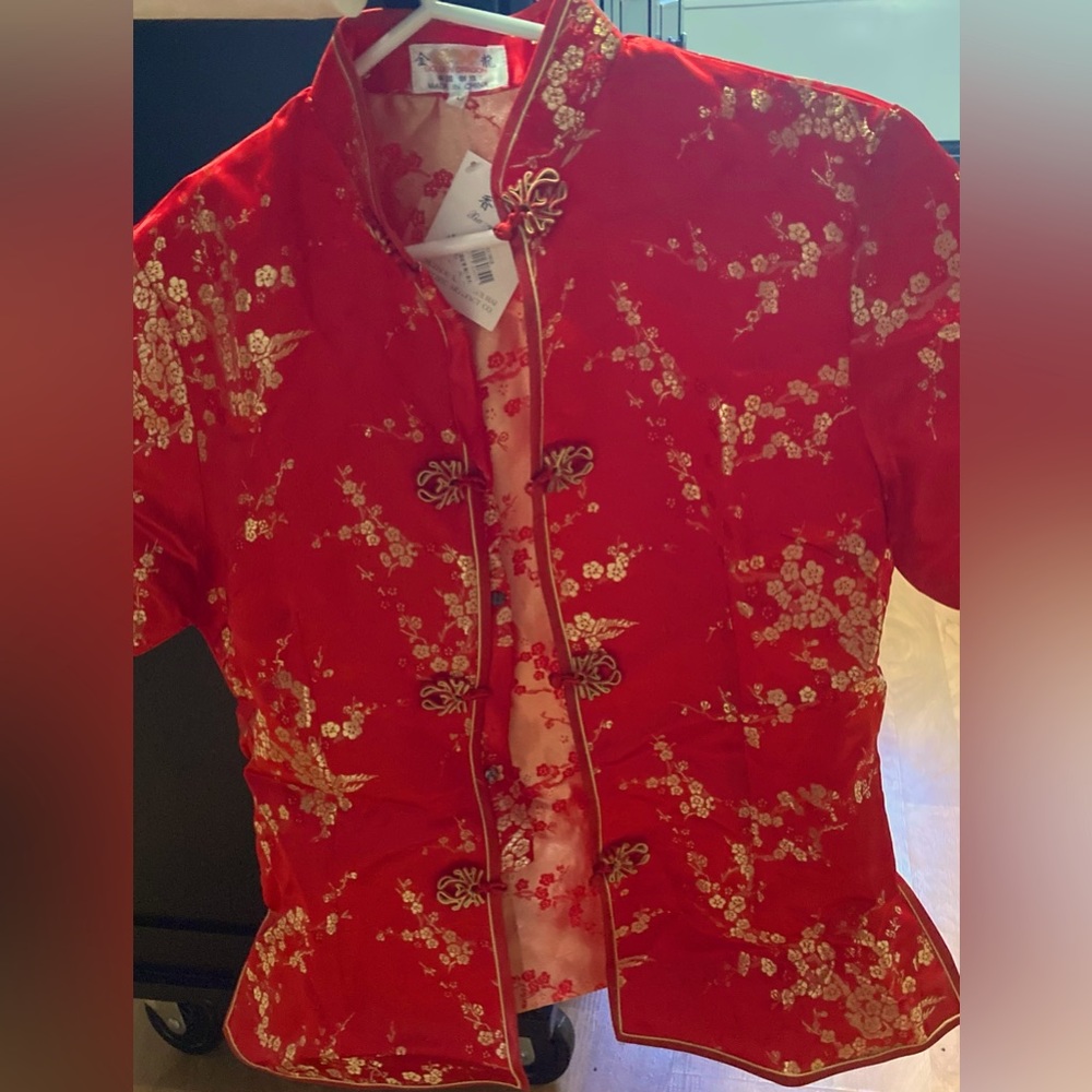 Authentic 100% Pure Silk/Vintage Red Mandarin Blouse